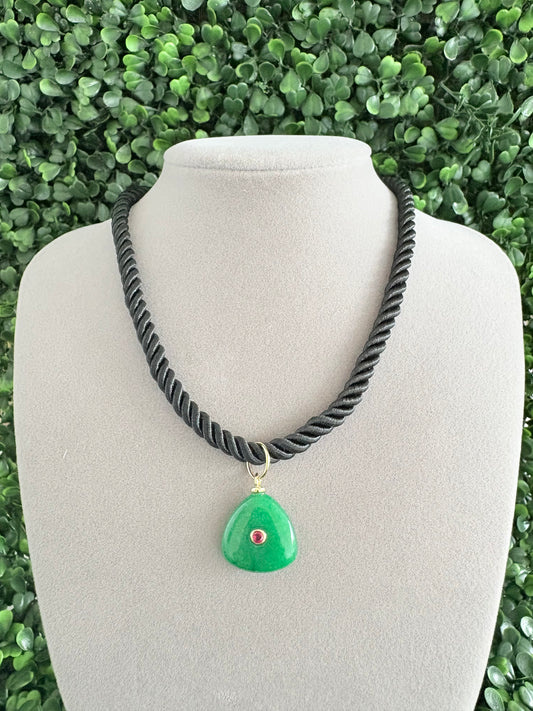 Green Jade Triangle Pendant with Ruby Accent